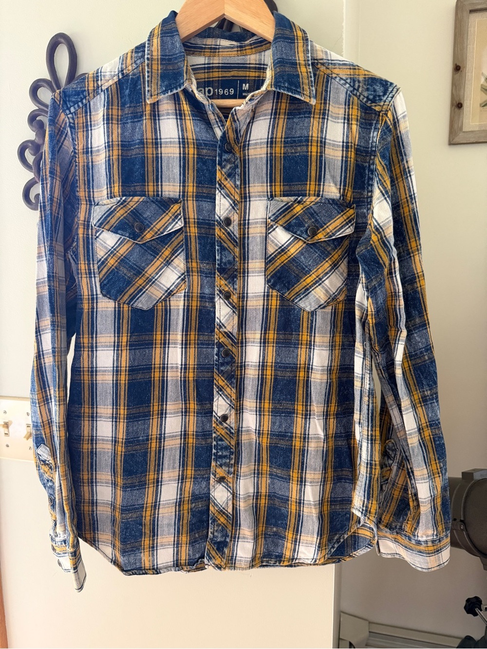 Men's Plaid Button-Down Shirt - Blue, Yellow & White